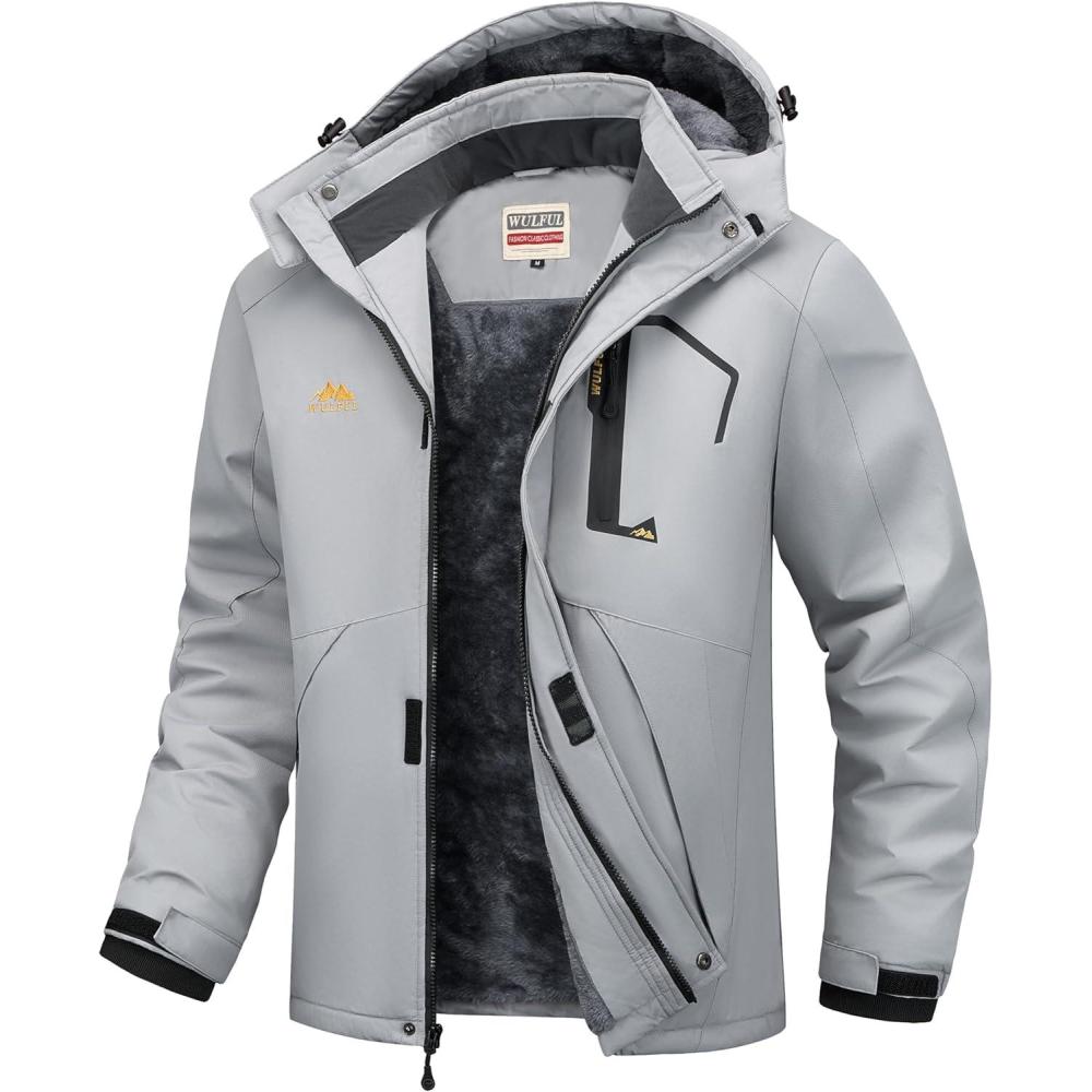 imageWULFUL Mens Ski Jackets Warm Winter Snow Windbreaker Resistant Snowboard Fleece Coat Mountain Waterproof Parka with HoodGray