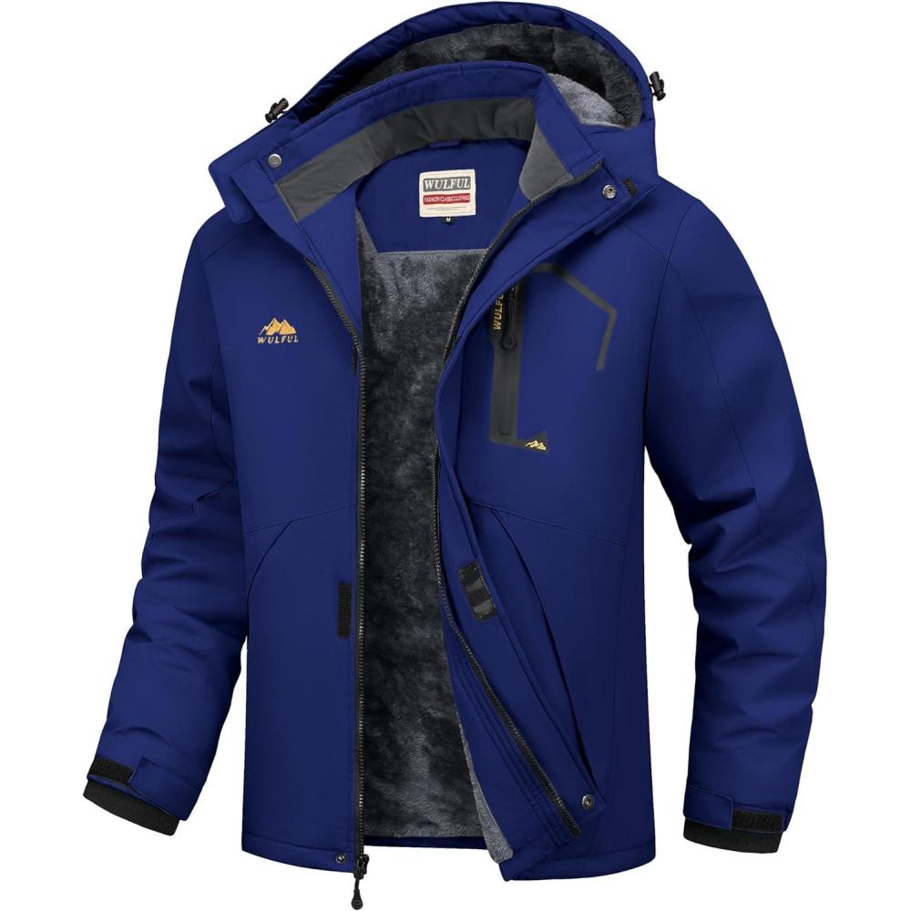 imageWULFUL Mens Ski Jackets Warm Winter Snow Windbreaker Resistant Snowboard Fleece Coat Mountain Waterproof Parka with HoodLight Navy