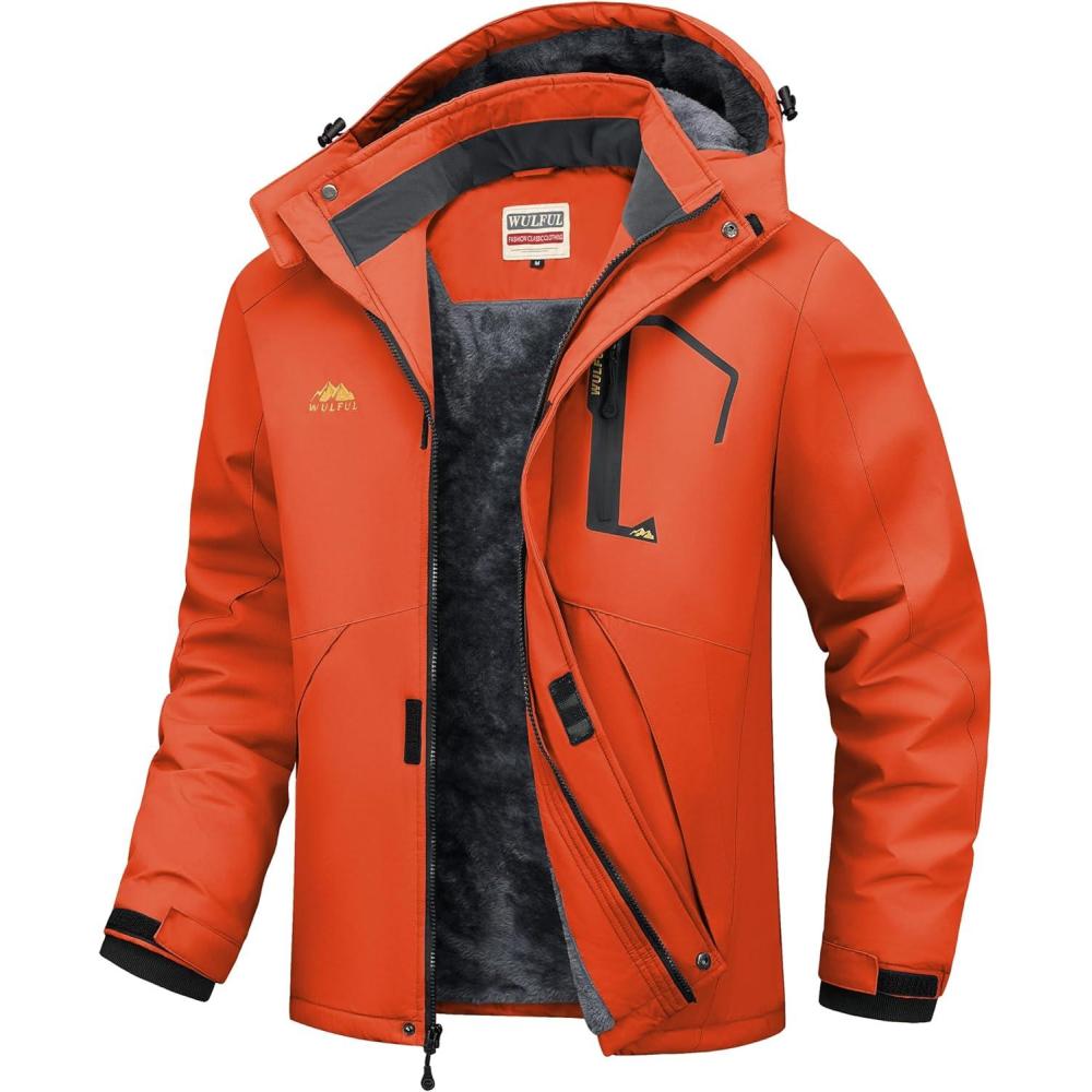 imageWULFUL Mens Ski Jackets Warm Winter Snow Windbreaker Resistant Snowboard Fleece Coat Mountain Waterproof Parka with HoodOrange