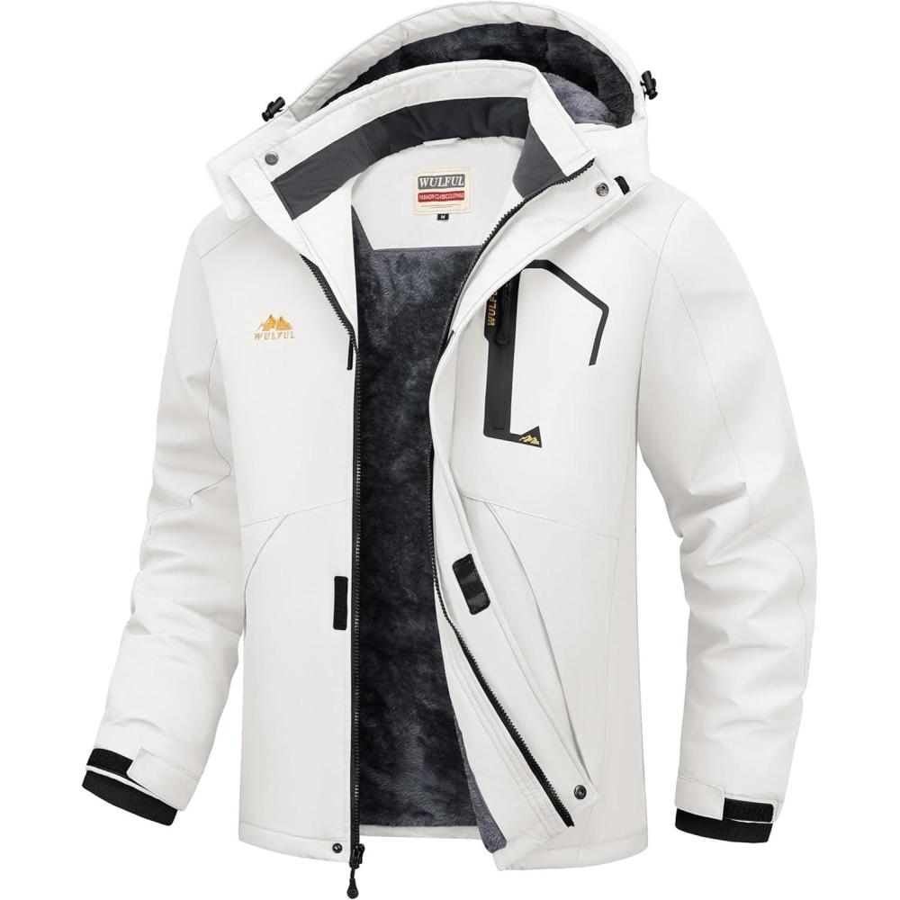 imageWULFUL Mens Ski Jackets Warm Winter Snow Windbreaker Resistant Snowboard Fleece Coat Mountain Waterproof Parka with HoodWhite