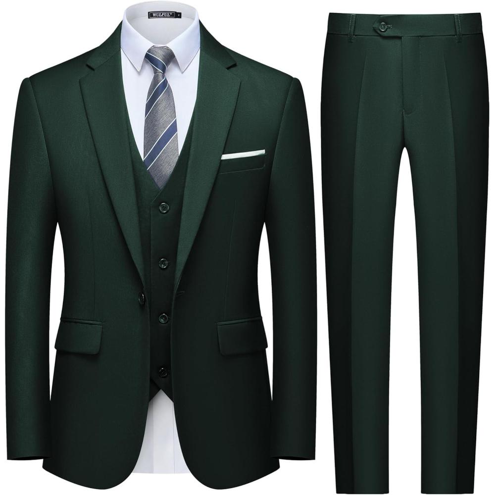 imageWULFUL Mens Slim Fit 3 Piece Suit One Button Solid Blazer Business Party Jacket Vest Pants SetDark Green