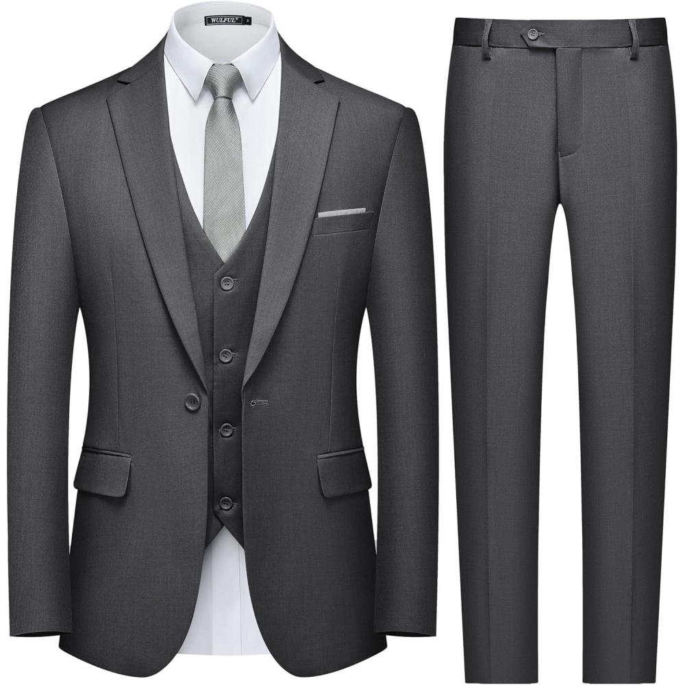 imageWULFUL Mens Slim Fit 3 Piece Suit One Button Solid Blazer Business Party Jacket Vest Pants SetDark Grey