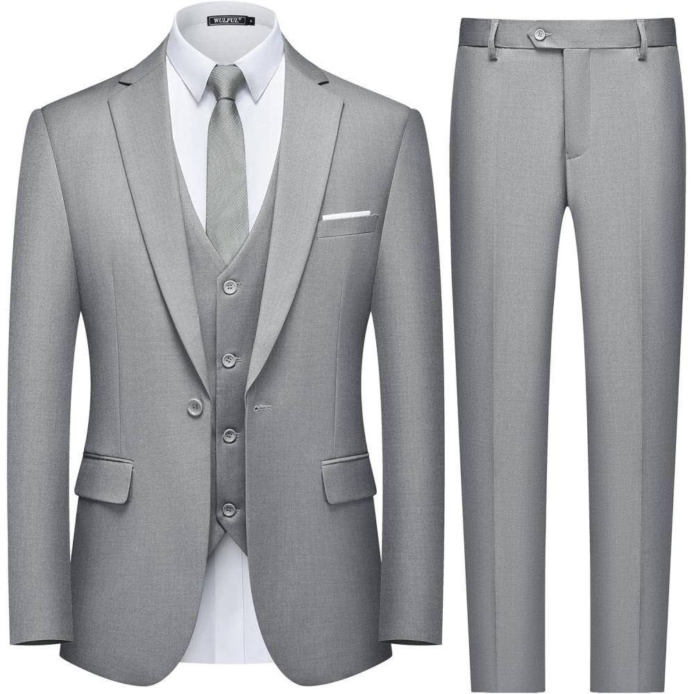 imageWULFUL Mens Slim Fit 3 Piece Suit One Button Solid Blazer Business Party Jacket Vest Pants SetGrey
