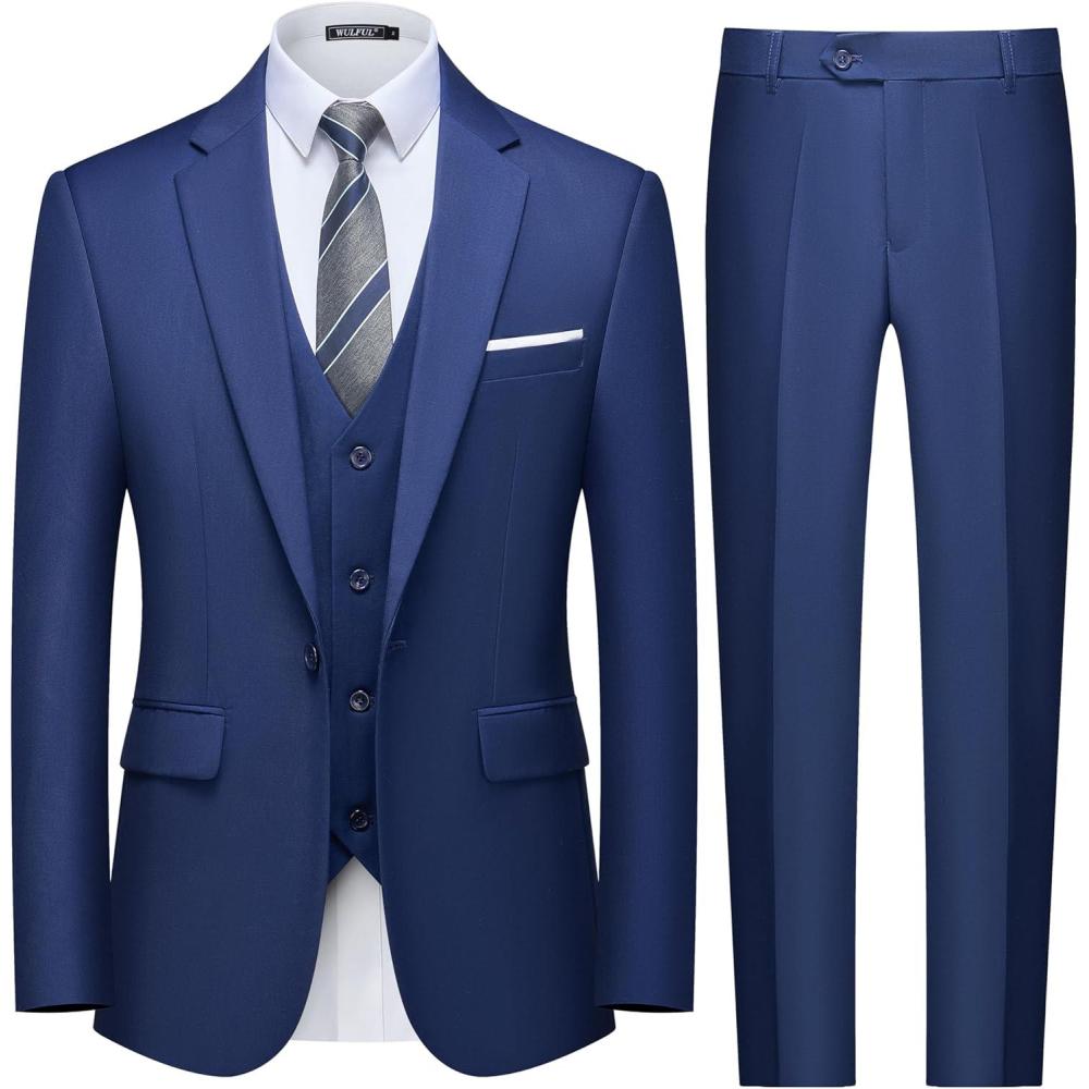 imageWULFUL Mens Slim Fit 3 Piece Suit One Button Solid Blazer Business Party Jacket Vest Pants SetNavy