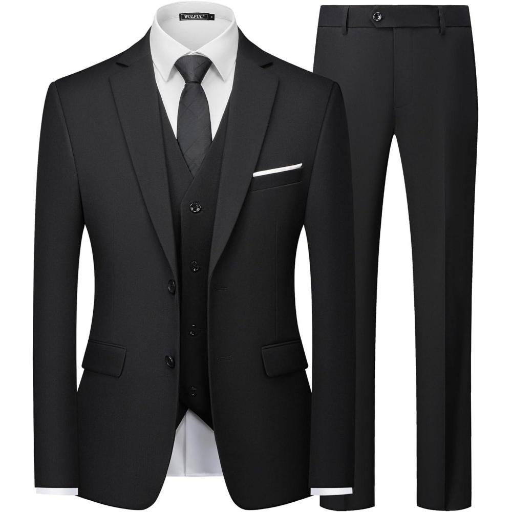 imageWULFUL Mens Slim Fit 3 Piece Suits Two Button Blazer Vest ampamp Pants Tuxedo Set for Business Wedding PartyBlack