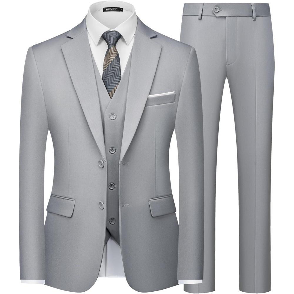 imageWULFUL Mens Slim Fit 3 Piece Suits Two Button Blazer Vest ampamp Pants Tuxedo Set for Business Wedding PartyLight Gray