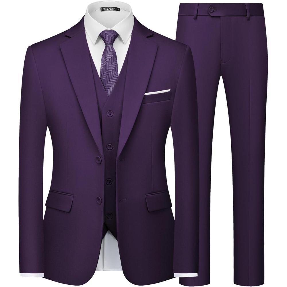 imageWULFUL Mens Slim Fit 3 Piece Suits Two Button Blazer Vest ampamp Pants Tuxedo Set for Business Wedding PartyPurple