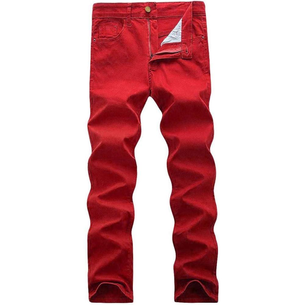 imageWULFUL Mens Slim Fit Skinny Stretch Comfy Jeans Denim PantsRed