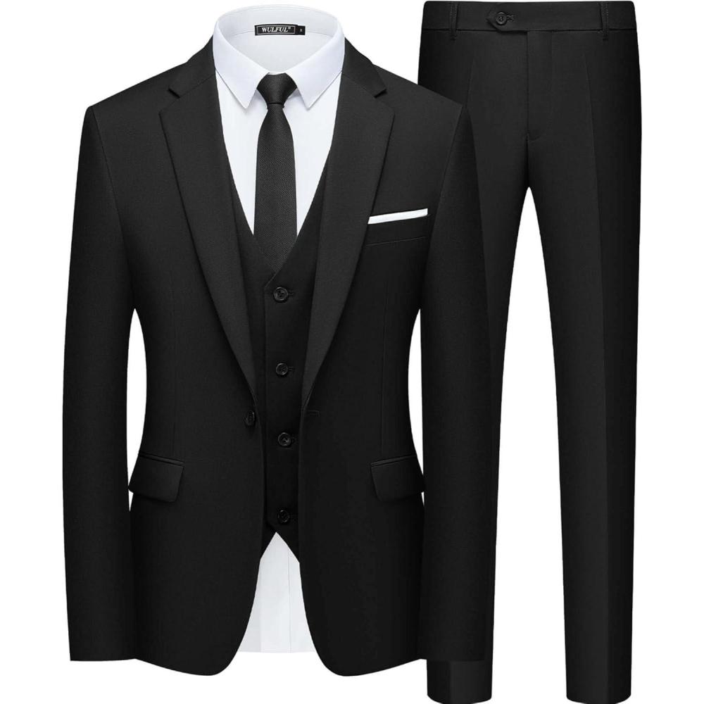 imageWULFUL Mens Slim Fit Suit One Button 3Piece Blazer Dress Business Wedding Party Jacket Vest ampamp PantBlack