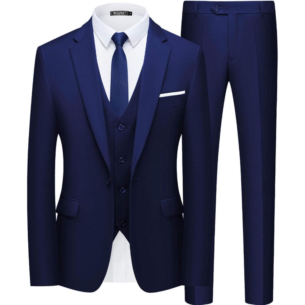 imageWULFUL Mens Slim Fit Suit One Button 3Piece Blazer Dress Business Wedding Party Jacket Vest ampamp PantBlue