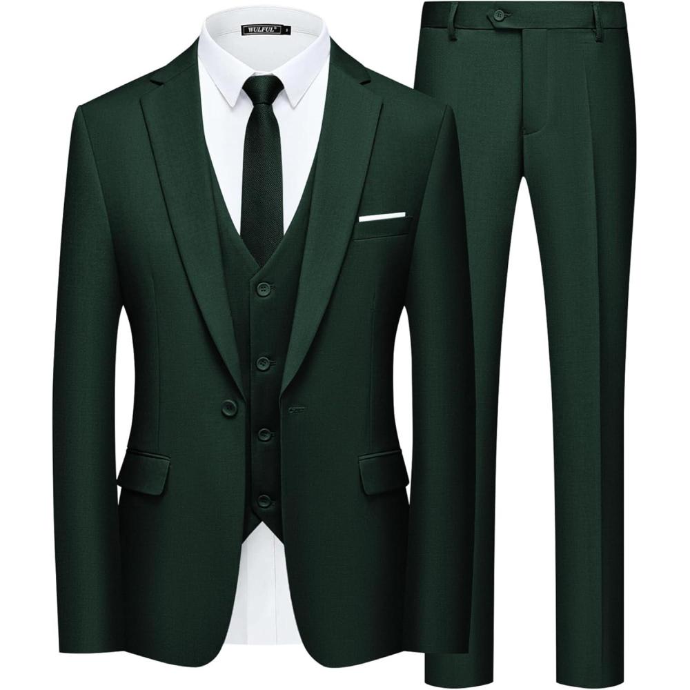 imageWULFUL Mens Slim Fit Suit One Button 3Piece Blazer Dress Business Wedding Party Jacket Vest ampamp PantDark Green