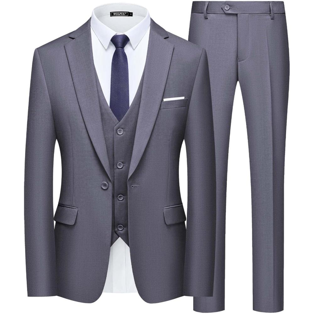 imageWULFUL Mens Slim Fit Suit One Button 3Piece Blazer Dress Business Wedding Party Jacket Vest ampamp PantDark Grey