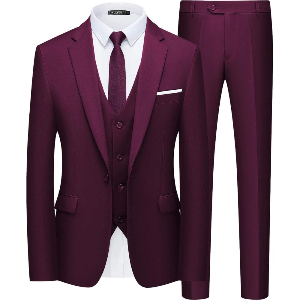 imageWULFUL Mens Slim Fit Suit One Button 3Piece Blazer Dress Business Wedding Party Jacket Vest ampamp PantDark Red