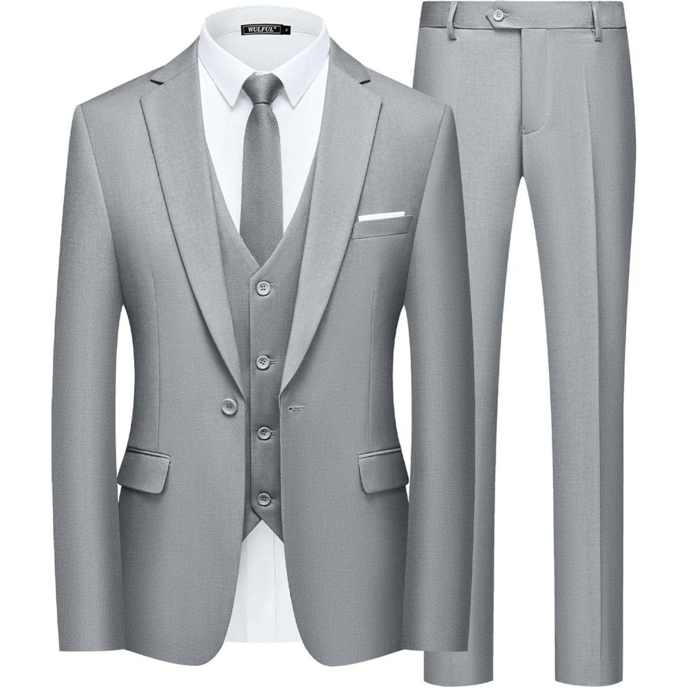 imageWULFUL Mens Slim Fit Suit One Button 3Piece Blazer Dress Business Wedding Party Jacket Vest ampamp PantLight Grey
