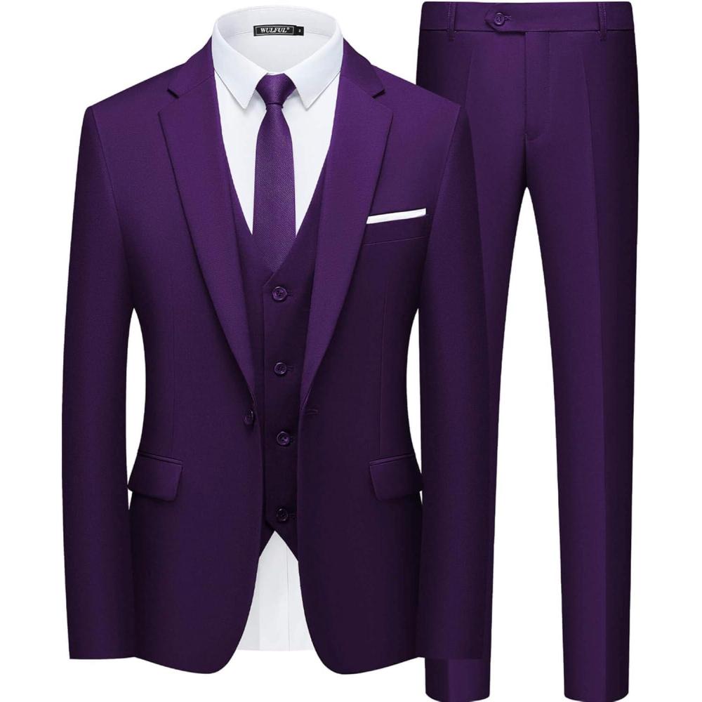imageWULFUL Mens Slim Fit Suit One Button 3Piece Blazer Dress Business Wedding Party Jacket Vest ampamp PantPurple