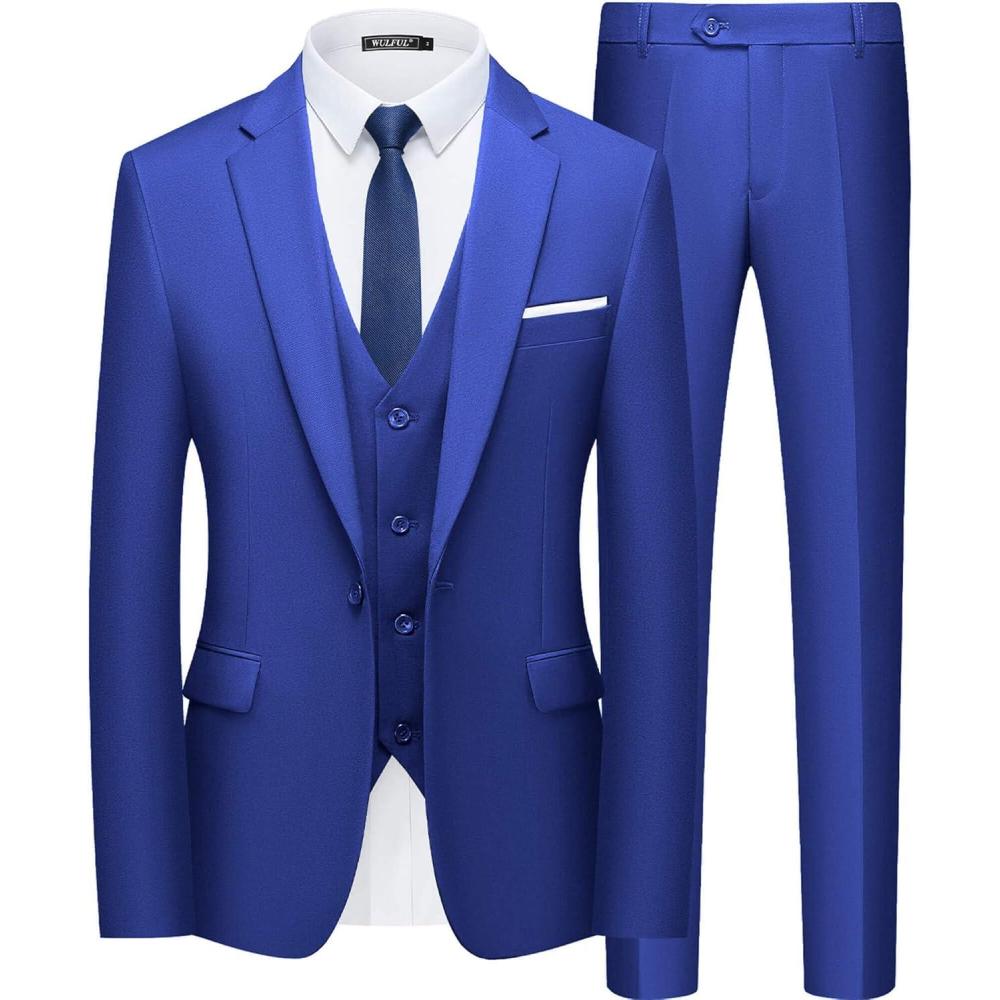 imageWULFUL Mens Slim Fit Suit One Button 3Piece Blazer Dress Business Wedding Party Jacket Vest ampamp PantRoyal Blue