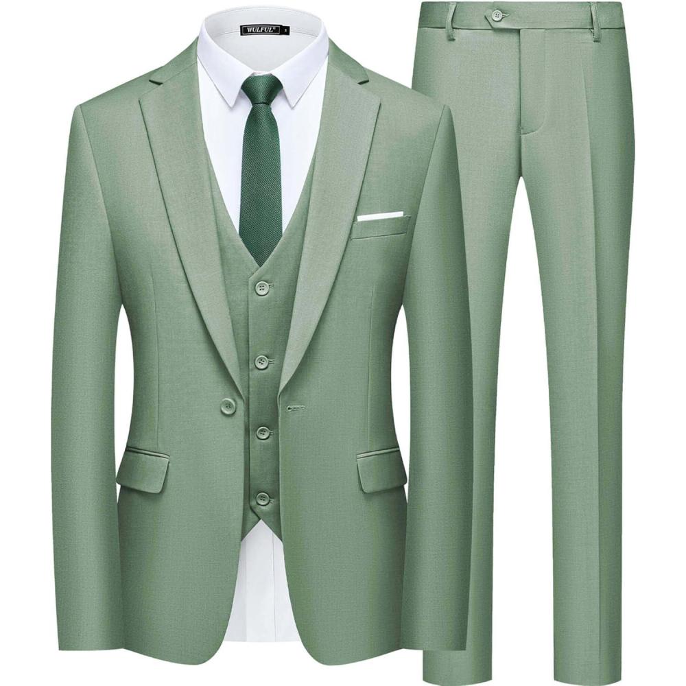 imageWULFUL Mens Slim Fit Suit One Button 3Piece Blazer Dress Business Wedding Party Jacket Vest ampamp PantSage Greennew