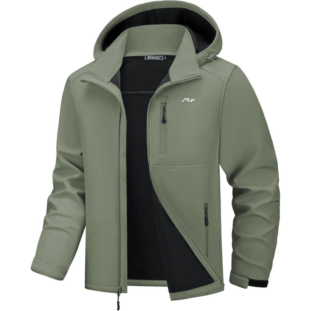 imageWULFUL Mens Softshell Jacket Waterproof Lightweight Insulated Windbreaker Fleece Lined Rain Shell Jacket for Hiking TravelArmy Green