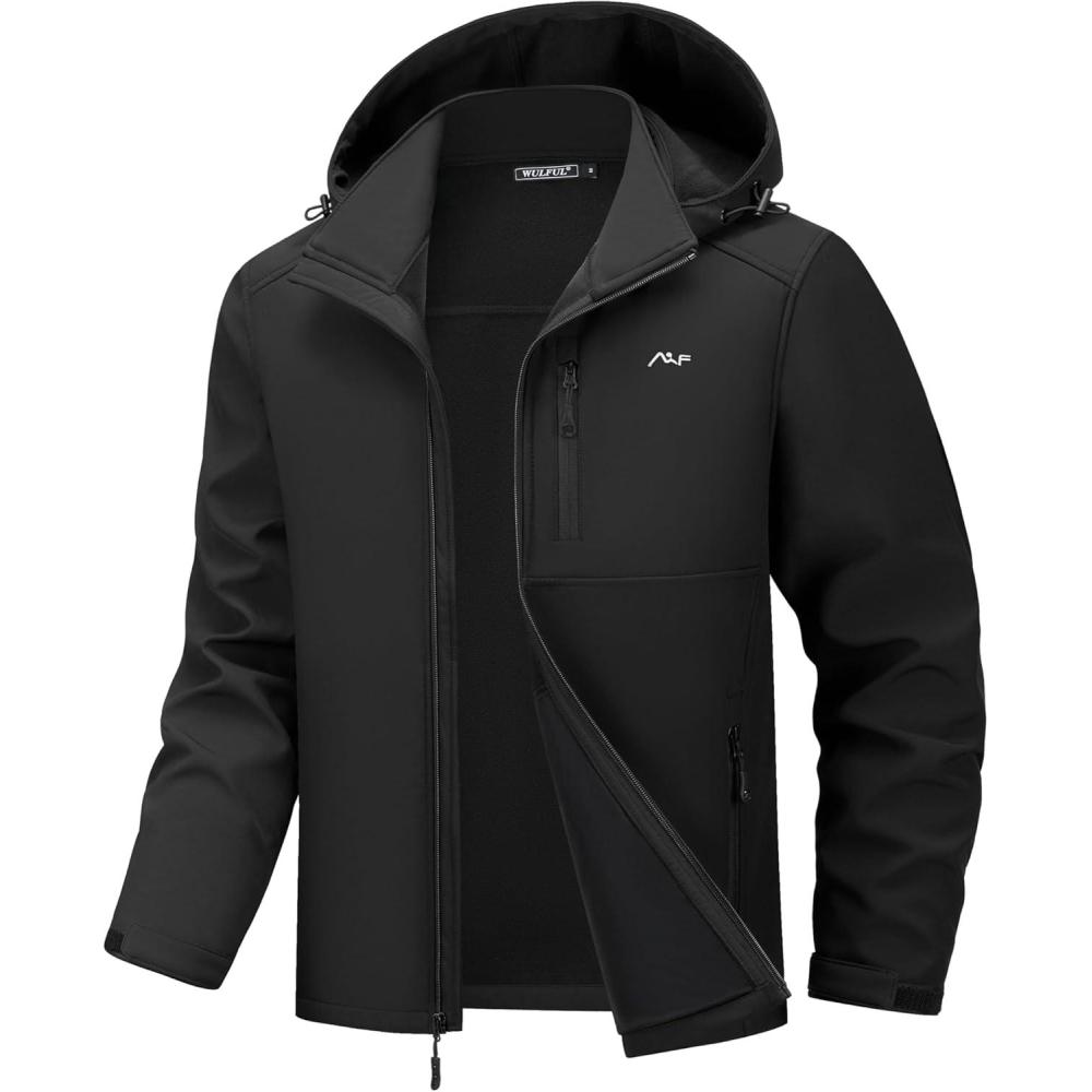 imageWULFUL Mens Softshell Jacket Waterproof Lightweight Insulated Windbreaker Fleece Lined Rain Shell Jacket for Hiking TravelBlack