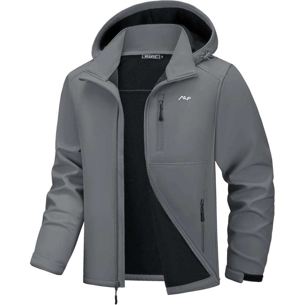 imageWULFUL Mens Softshell Jacket Waterproof Lightweight Insulated Windbreaker Fleece Lined Rain Shell Jacket for Hiking TravelDark Grey