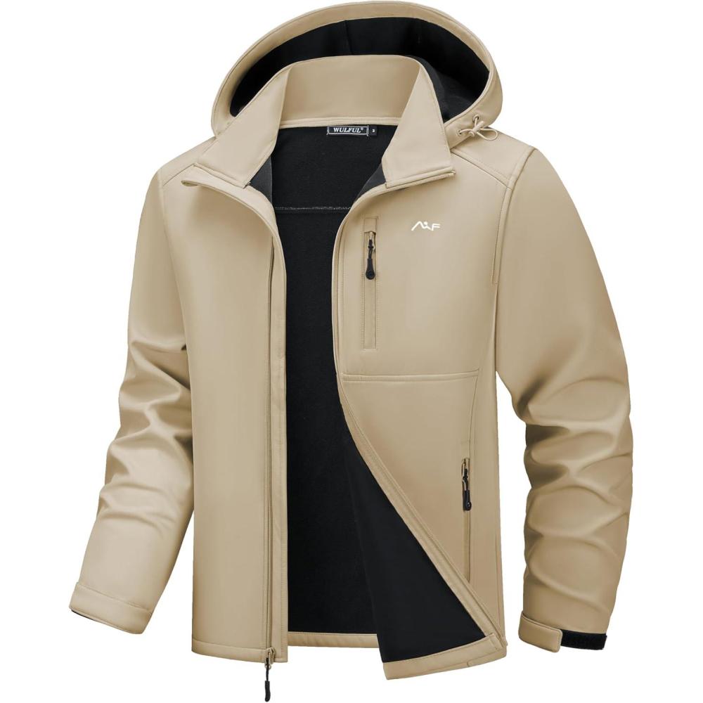 imageWULFUL Mens Softshell Jacket Waterproof Lightweight Insulated Windbreaker Fleece Lined Rain Shell Jacket for Hiking TravelKhaki