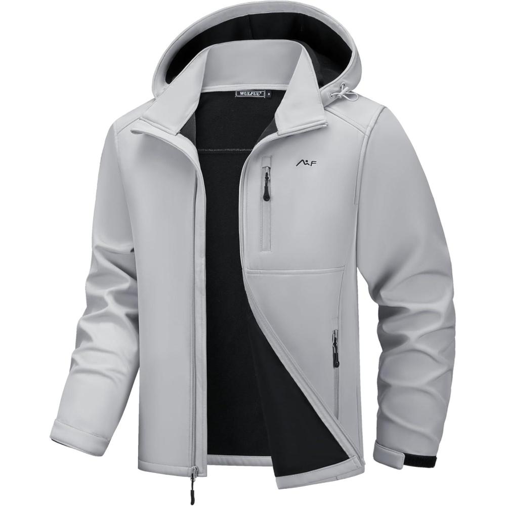 imageWULFUL Mens Softshell Jacket Waterproof Lightweight Insulated Windbreaker Fleece Lined Rain Shell Jacket for Hiking TravelLight Grey