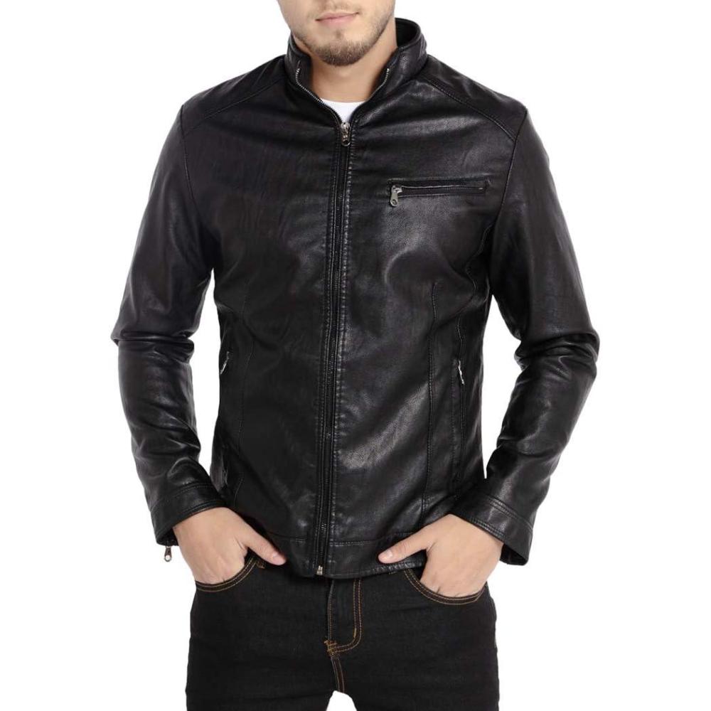 imageWULFUL Mens Stand Collar Leather Jacket Motorcycle Lightweight Faux Leather OutwearBlack