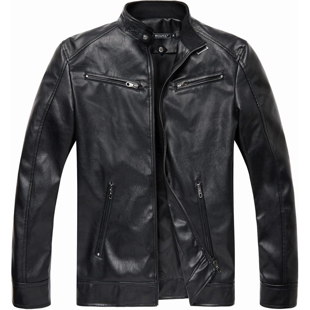 imageWULFUL Mens Stand Collar Leather Jacket Motorcycle Lightweight Faux Leather OutwearBlack0072