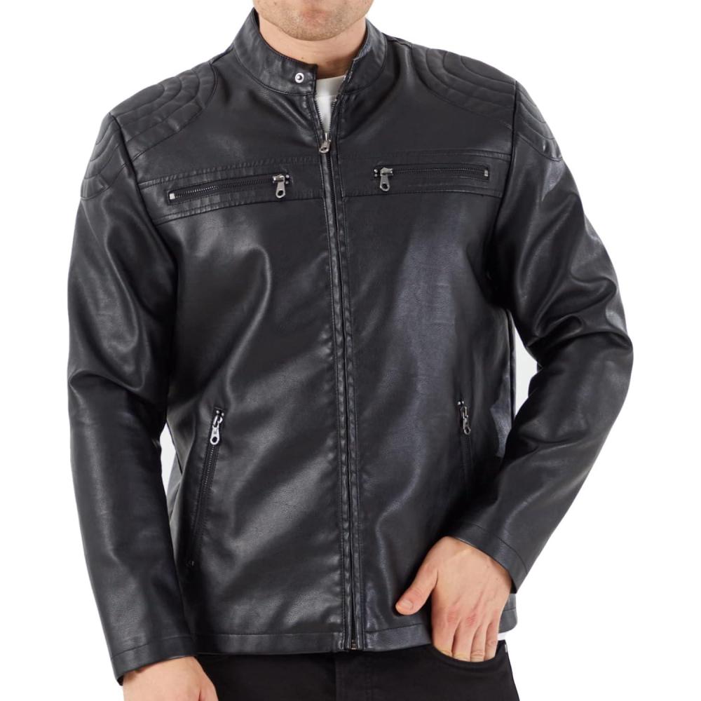 imageWULFUL Mens Stand Collar Leather Jacket Motorcycle Lightweight Faux Leather OutwearBlack0073