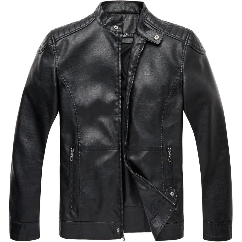 imageWULFUL Mens Stand Collar Leather Jacket Motorcycle Lightweight Faux Leather OutwearBlack0075