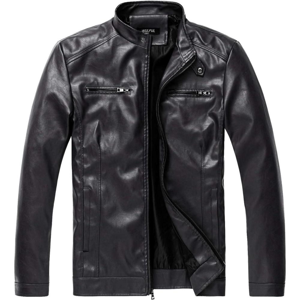 imageWULFUL Mens Stand Collar Leather Jacket Motorcycle Lightweight Faux Leather OutwearBlack1303