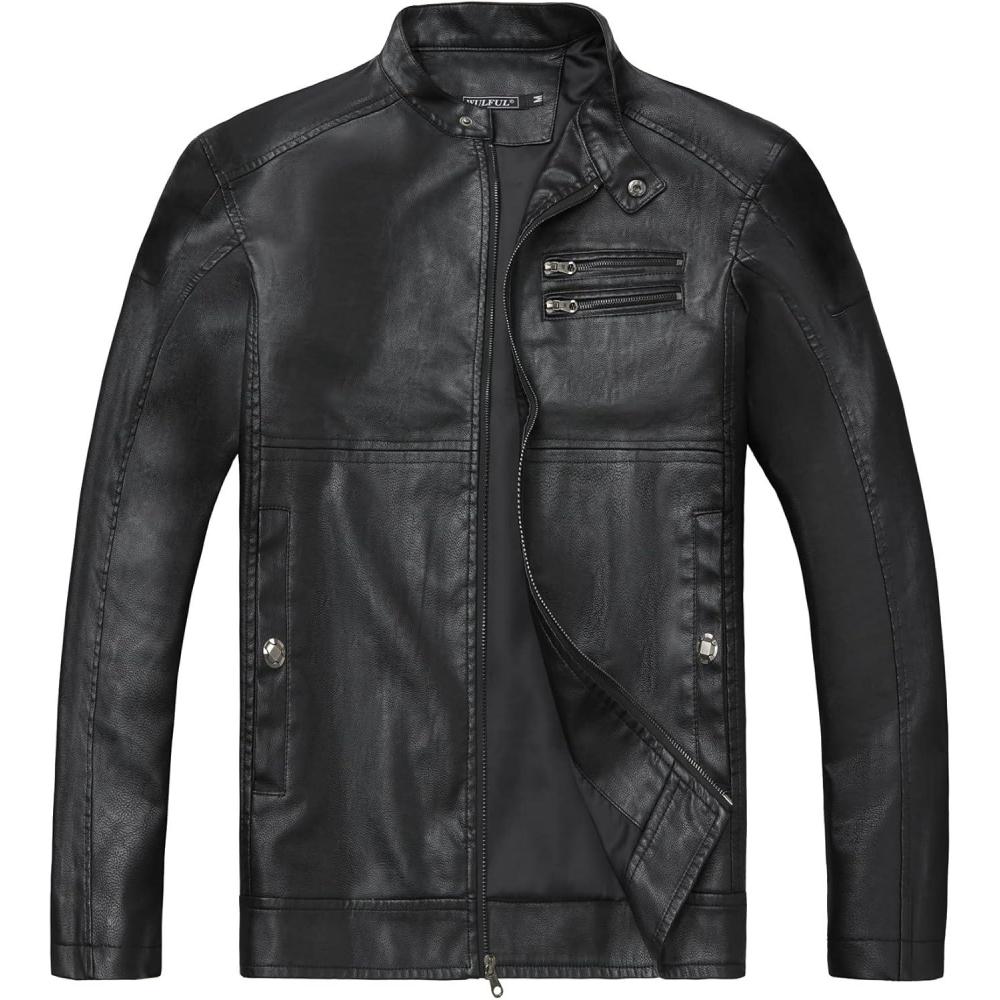 imageWULFUL Mens Stand Collar Leather Jacket Motorcycle Lightweight Faux Leather OutwearBlack1304