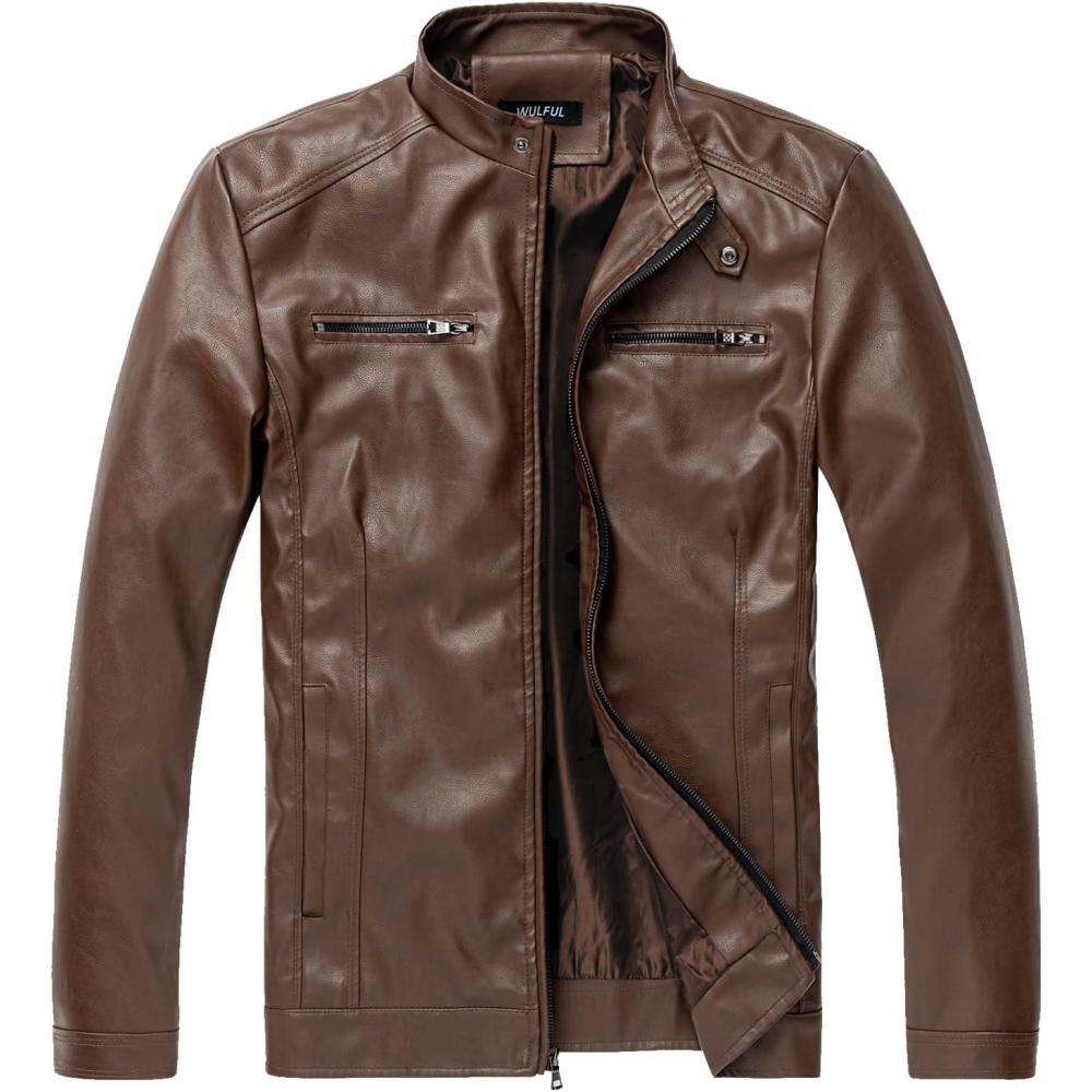 imageWULFUL Mens Stand Collar Leather Jacket Motorcycle Lightweight Faux Leather OutwearBrown1303