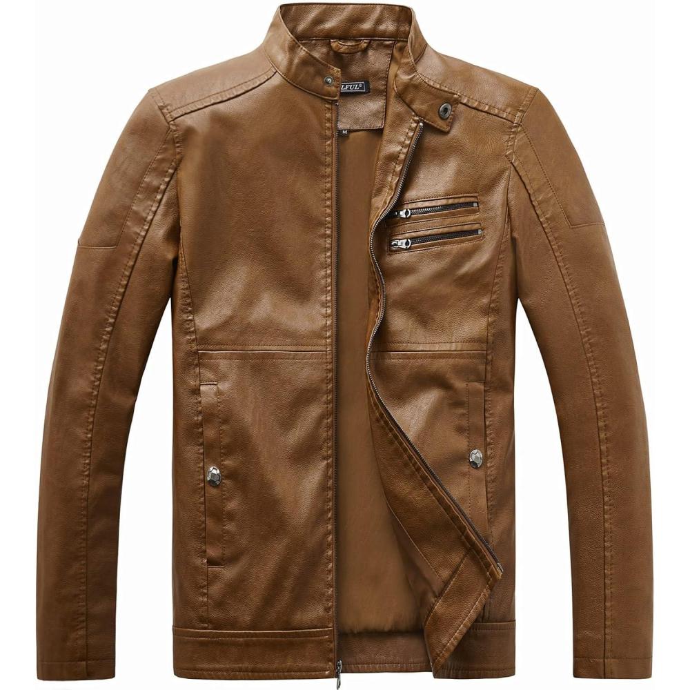imageWULFUL Mens Stand Collar Leather Jacket Motorcycle Lightweight Faux Leather OutwearBrown1304