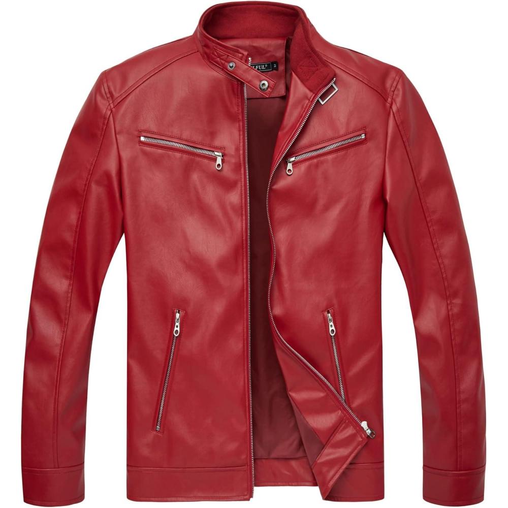 imageWULFUL Mens Stand Collar Leather Jacket Motorcycle Lightweight Faux Leather OutwearRed