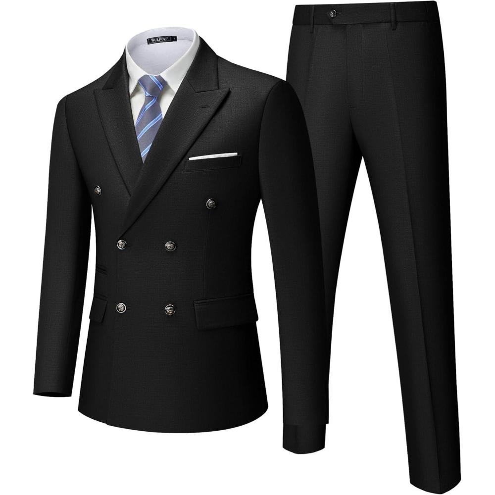 imageWULFUL Mens Suits Slim Fit 2 Piece Double Breasted Suit Men Tuxedo Blazer Jacket and Dress Pants Set for Business WeddingBlack