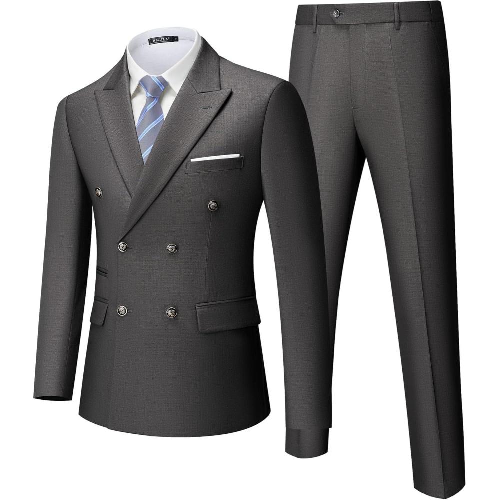 imageWULFUL Mens Suits Slim Fit 2 Piece Double Breasted Suit Men Tuxedo Blazer Jacket and Dress Pants Set for Business WeddingDark Grey