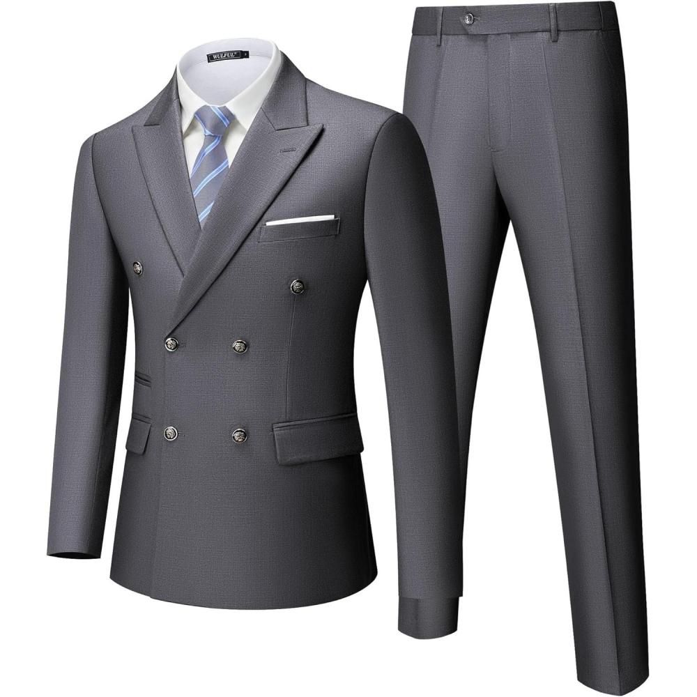 imageWULFUL Mens Suits Slim Fit 2 Piece Double Breasted Suit Men Tuxedo Blazer Jacket and Dress Pants Set for Business WeddingGrey