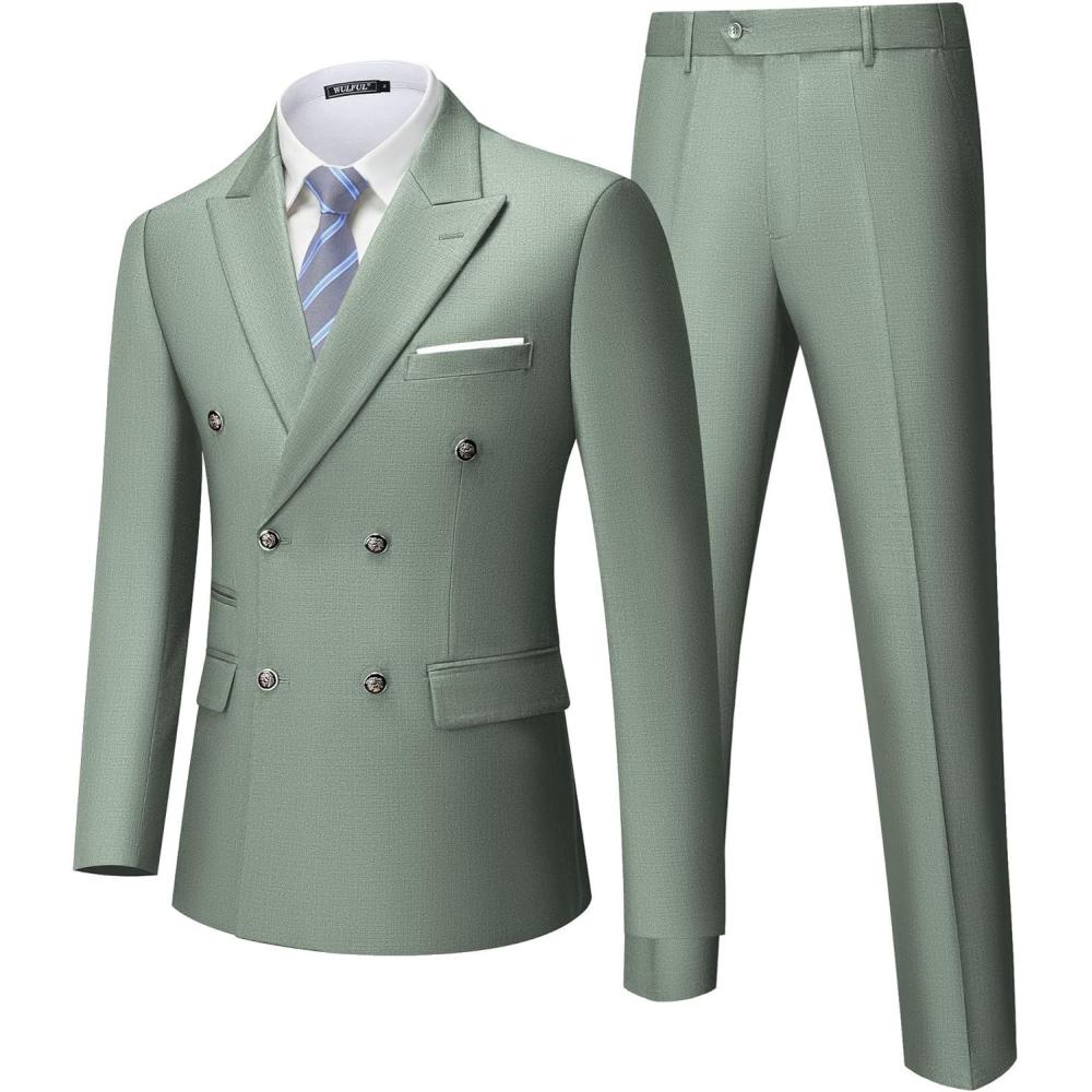 imageWULFUL Mens Suits Slim Fit 2 Piece Double Breasted Suit Men Tuxedo Blazer Jacket and Dress Pants Set for Business WeddingSage Green