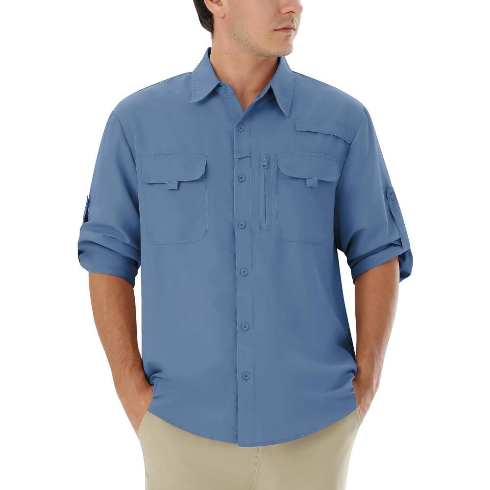 imageWULFUL Mens Sun Protection Fishing Shirts UPF 50 UV Lightweight Quick Dry Cooling Button Down Shirts for Work Hiking SafariBlue