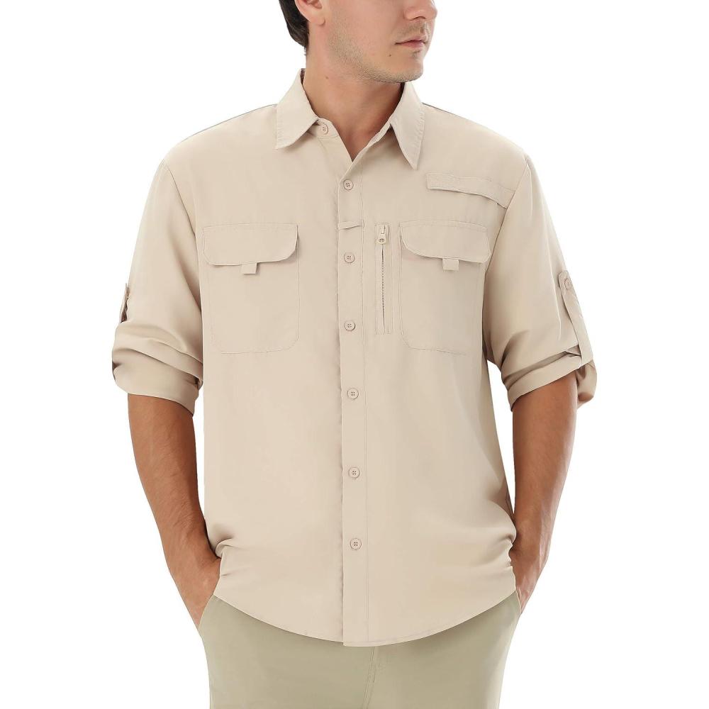 imageWULFUL Mens Sun Protection Fishing Shirts UPF 50 UV Lightweight Quick Dry Cooling Button Down Shirts for Work Hiking SafariKhaki