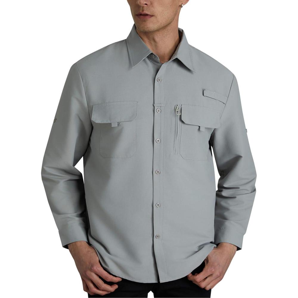 imageWULFUL Mens Sun Protection Fishing Shirts UPF 50 UV Lightweight Quick Dry Cooling Button Down Shirts for Work Hiking SafariLight Grey