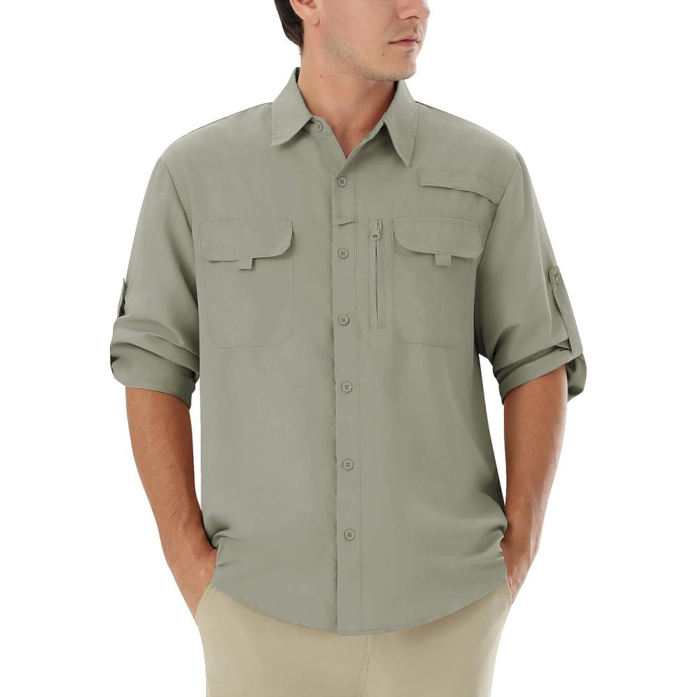 imageWULFUL Mens Sun Protection Fishing Shirts UPF 50 UV Lightweight Quick Dry Cooling Button Down Shirts for Work Hiking SafariSage Green