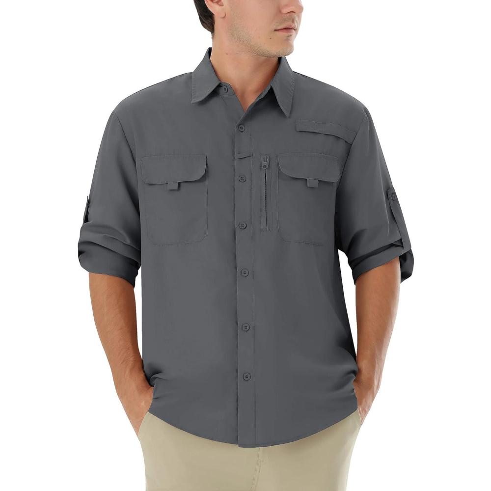 imageWULFUL Mens Sun Protection Fishing Shirts UPF 50 UV Lightweight Quick Dry Cooling Button Down Shirts for Work Hiking SafariShadow Grey