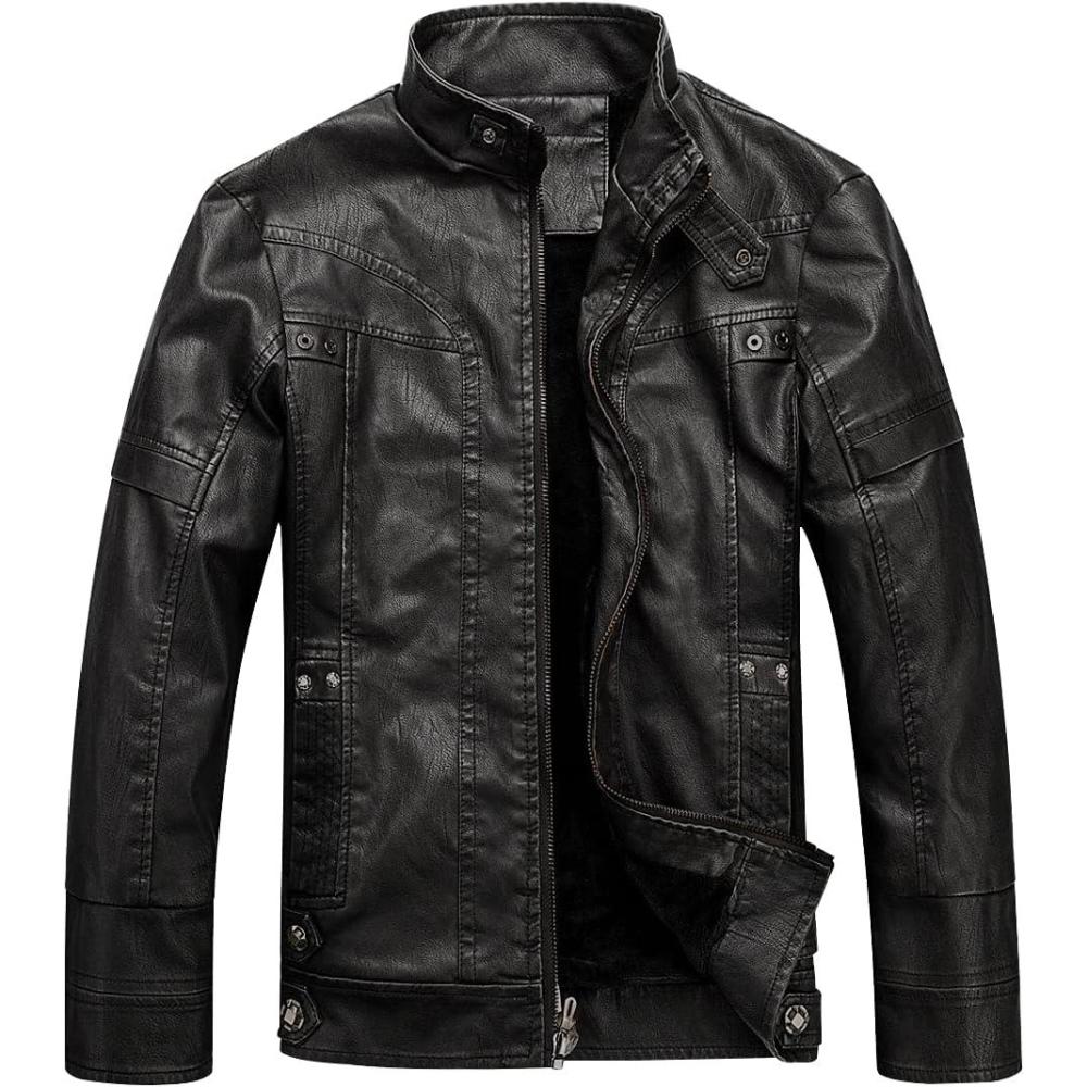 imageWULFUL Mens Vintage Stand Collar Leather Jacket Motorcycle PU Jacket and CoatBlack 1
