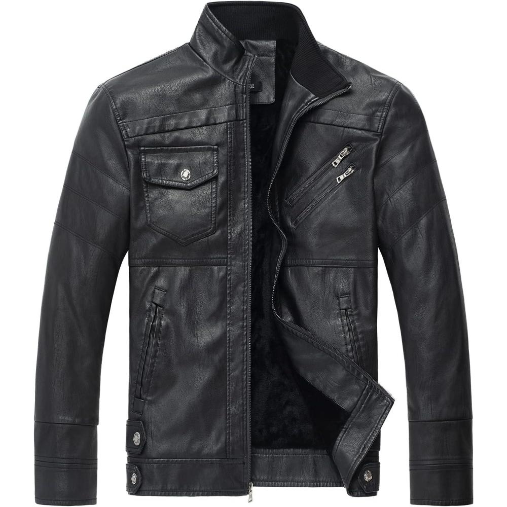 imageWULFUL Mens Vintage Stand Collar Leather Jacket Motorcycle PU Jacket and CoatBlack8833