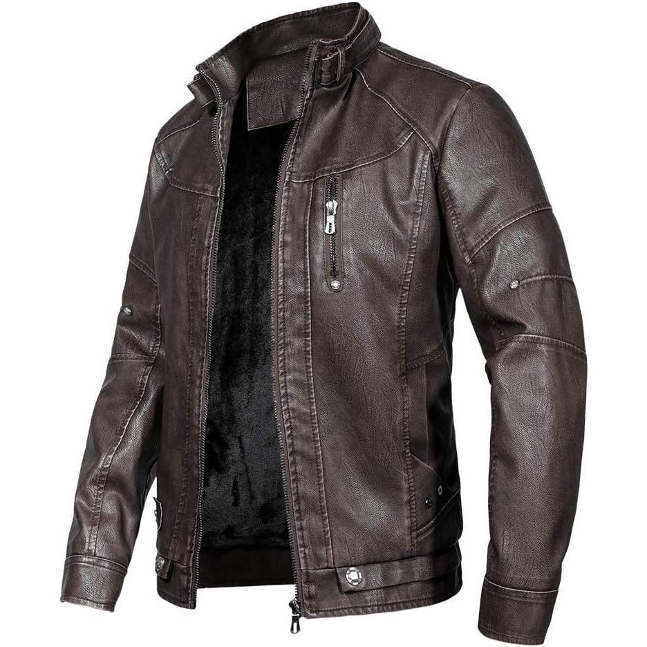 imageWULFUL Mens Vintage Stand Collar Leather Jacket Motorcycle PU Jacket and CoatBrown 2