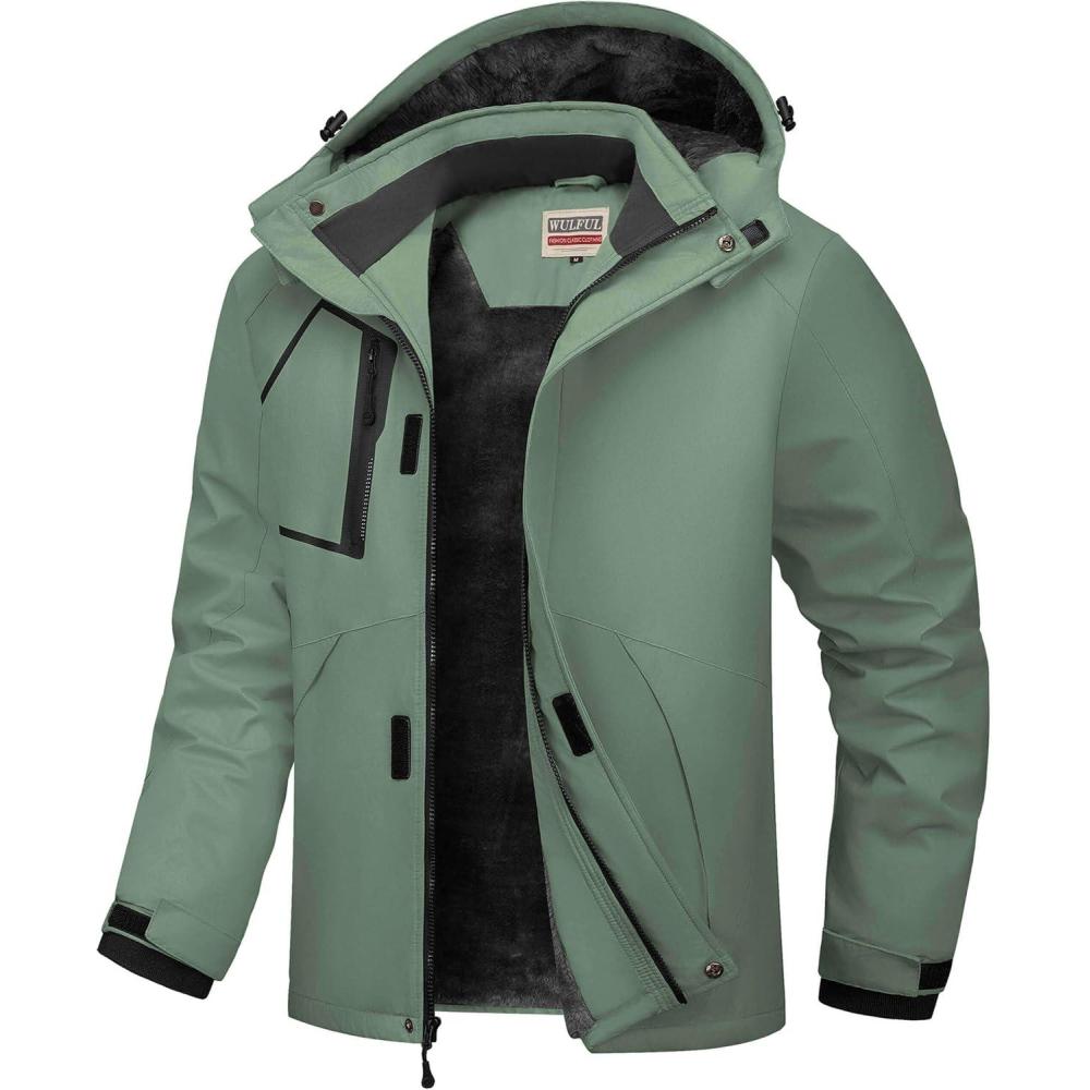 imageWULFUL Mens Waterproof Ski Jacket Warm Winter Coats Windproof Winter Jackets for Men Fleece Lined Windbreaker with HoodArmy Green