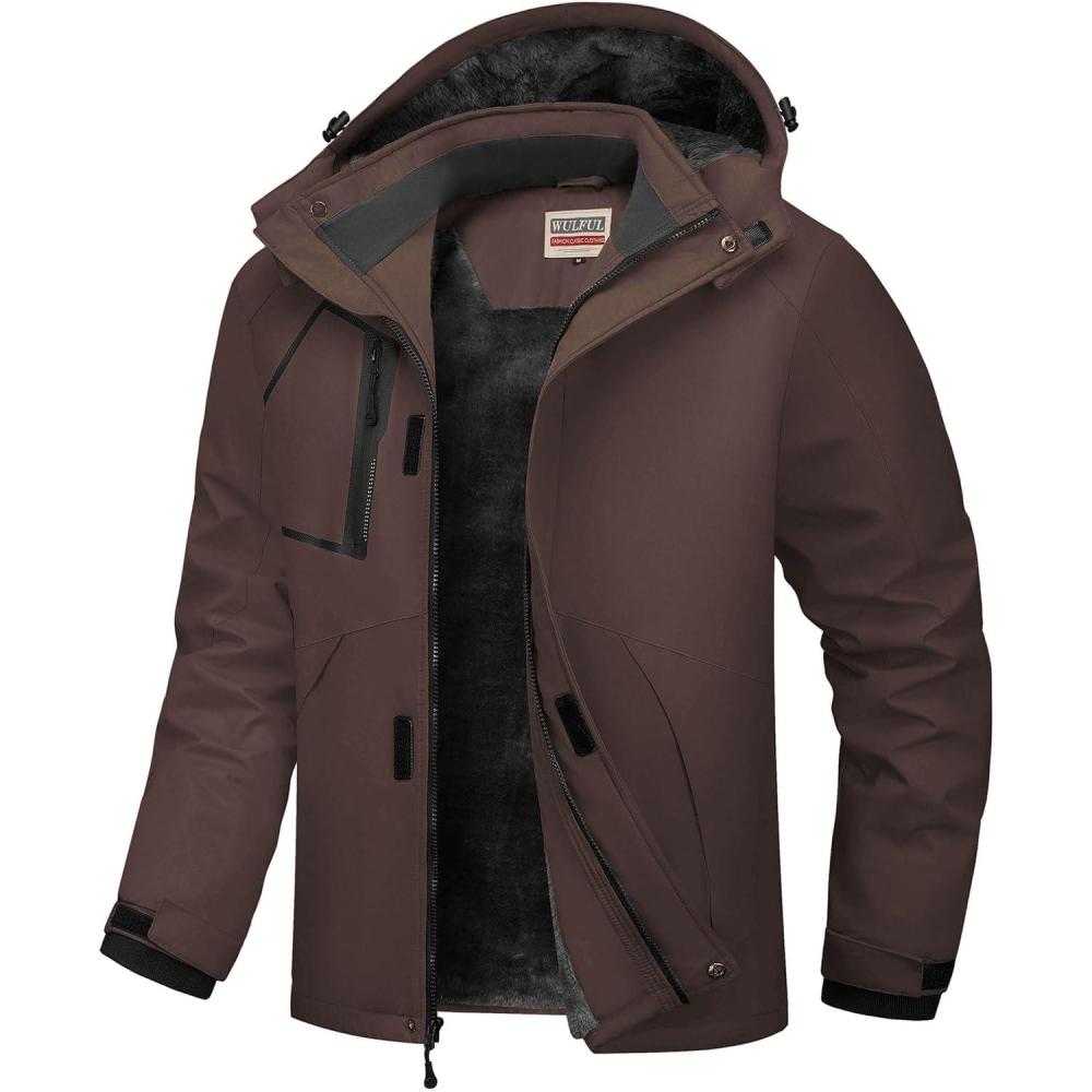 imageWULFUL Mens Waterproof Ski Jacket Warm Winter Coats Windproof Winter Jackets for Men Fleece Lined Windbreaker with HoodCoffee