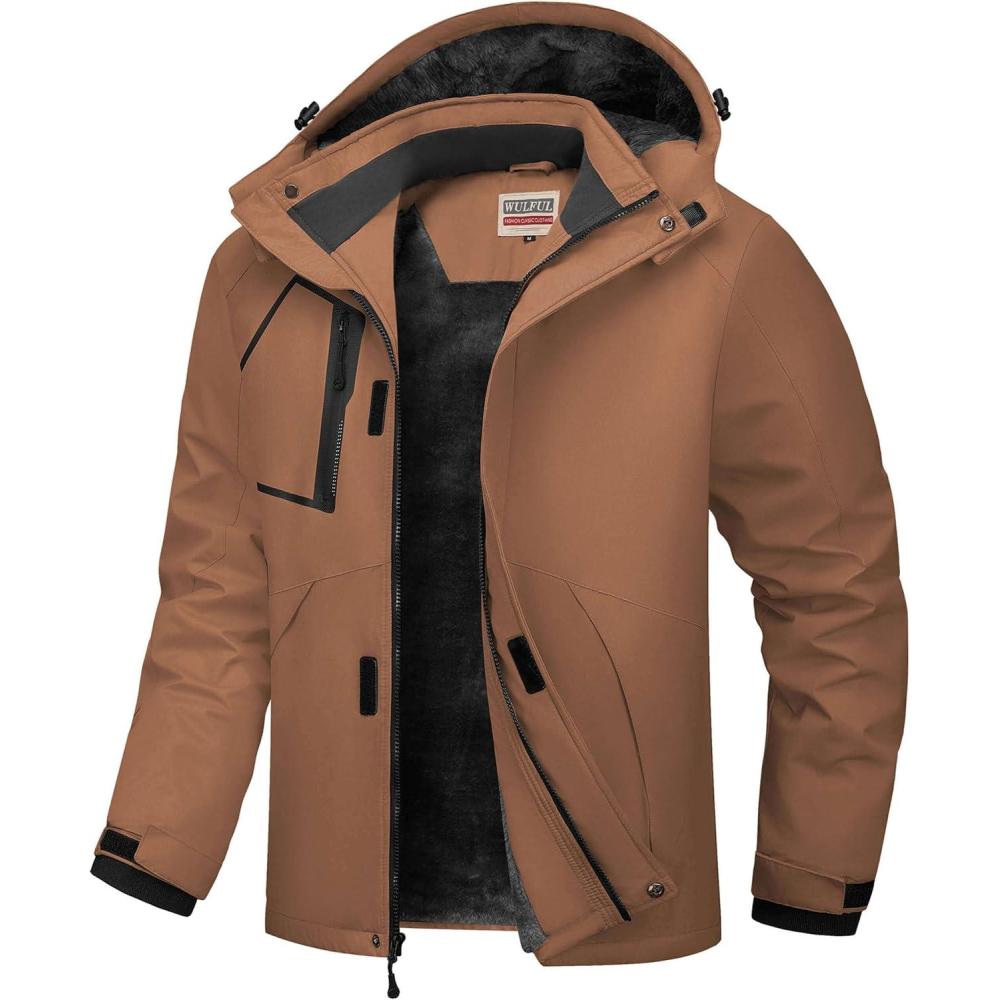 imageWULFUL Mens Waterproof Ski Jacket Warm Winter Coats Windproof Winter Jackets for Men Fleece Lined Windbreaker with HoodDark Brown